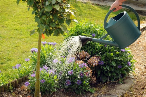 A person watering a garden bed with a green watering can, surrounded by a variety of plants including purple and pink flowers, green shrubs, and a small young tree supported by a stake. The garden is bordered by a low wooden edging, with a neatly maintained grassy lawn in the background. The scene depicts an outdoor landscaped area typical of residential gardens in Whitechapel, with natural tones of green, purple, and pink, and a clear, bright weather condition. The garden arrangement features a mix of flowering plants and foliage, with visible textures of soil, flower beds, and paved pathways, aligning with professional gardening and landscaping services offered by landscapers in Whitechapel.