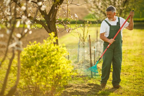 A man wearing green overalls and a white t-shirt is working in a garden, holding a garden rake with a blue handle and a green head, standing on a patch of soil adjacent to a well-maintained grassy lawn. The background features a blossoming tree with white flowers and a wire fence running along the edge of the garden. The environment appears bright with natural sunlight, indicating a clear day, and the garden is part of an outdoor space with various plants and trees, typical of residential landscaping in Whitechapel. The scene suggests ongoing garden maintenance or outdoor cleaning, aligning with services offered by Landscapers Whitechapel in domestic garden care and landscaping projects within the local area.